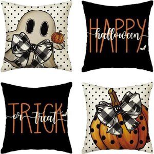 Set of 4 Happy Halloween Ghost‎ & Pumpkin Pillow Covers - 18x18 Inch Polka Dot